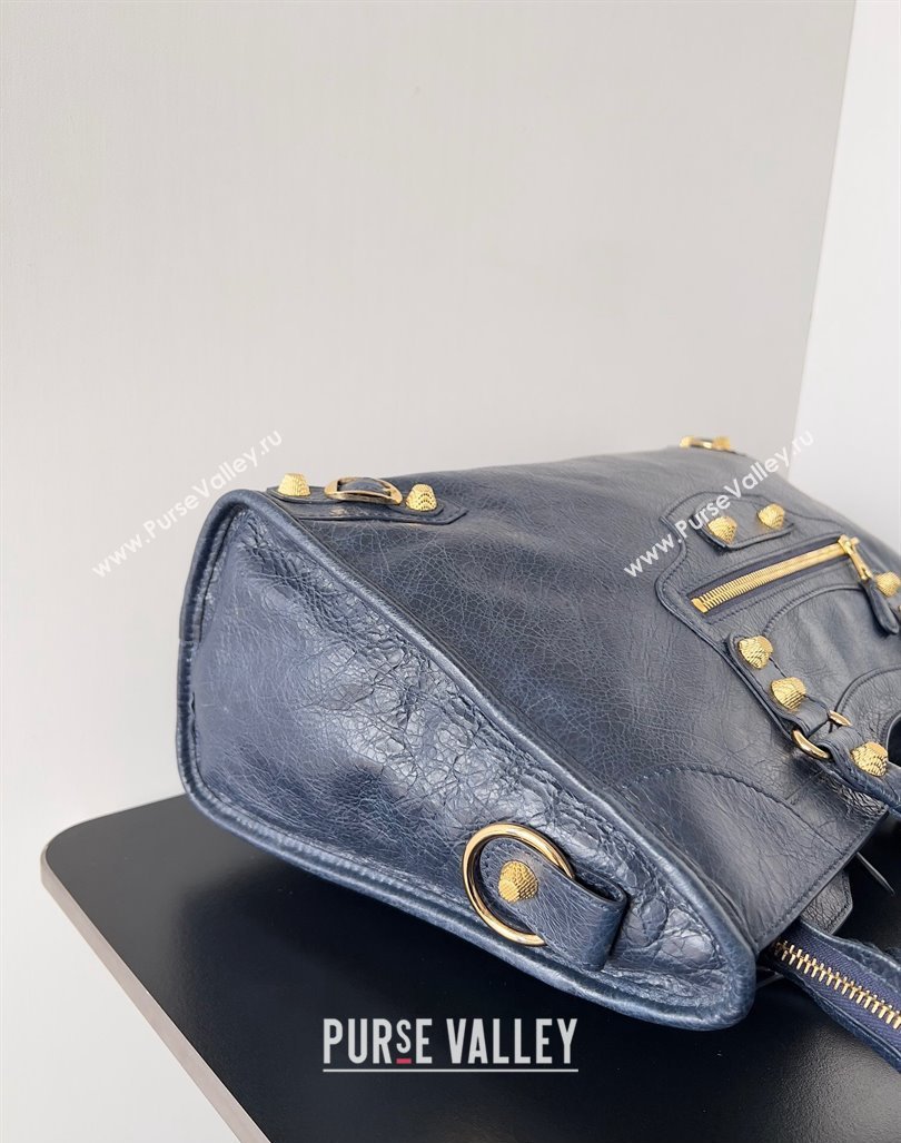 Balenciaga Classic City Large Handbag with Spiral Hardware in Arena Lambskin Dark Blue/Gold (jiche-23112008)