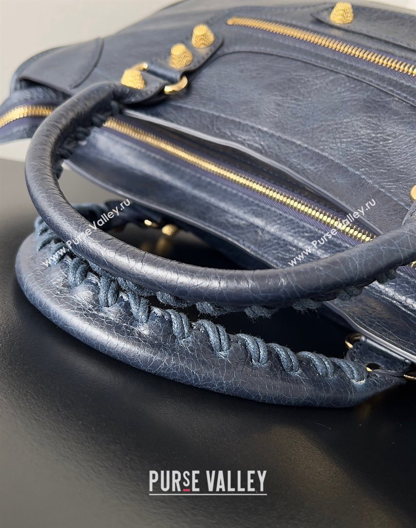 Balenciaga Classic City Large Handbag with Spiral Hardware in Arena Lambskin Dark Blue/Gold (jiche-23112008)