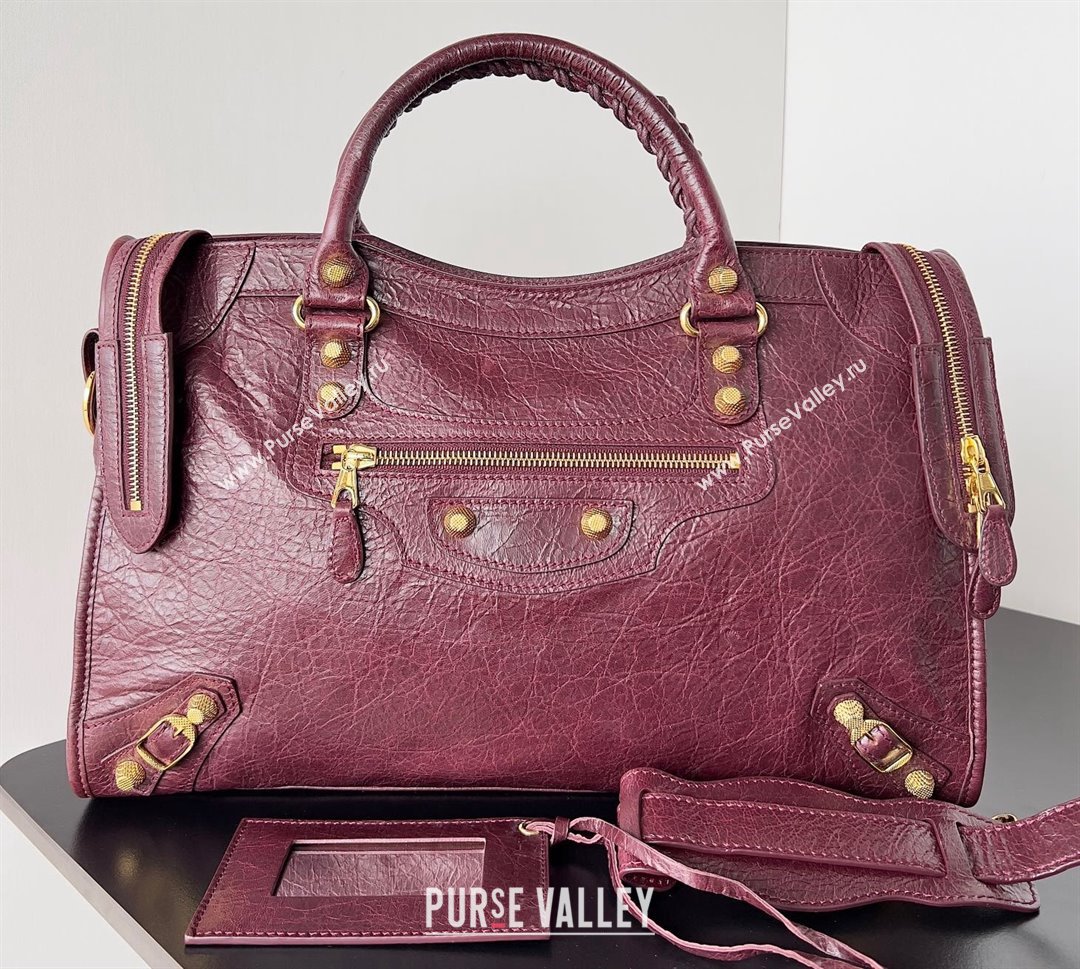 Balenciaga Classic City Large Handbag with Spiral Hardware in Arena Lambskin Burgundy/Gold (jiche-23112014)