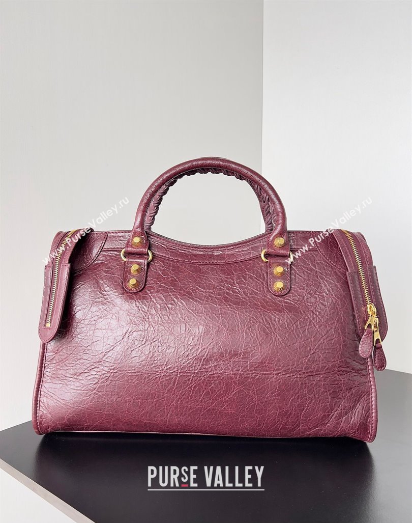 Balenciaga Classic City Large Handbag with Spiral Hardware in Arena Lambskin Burgundy/Gold (jiche-23112014)