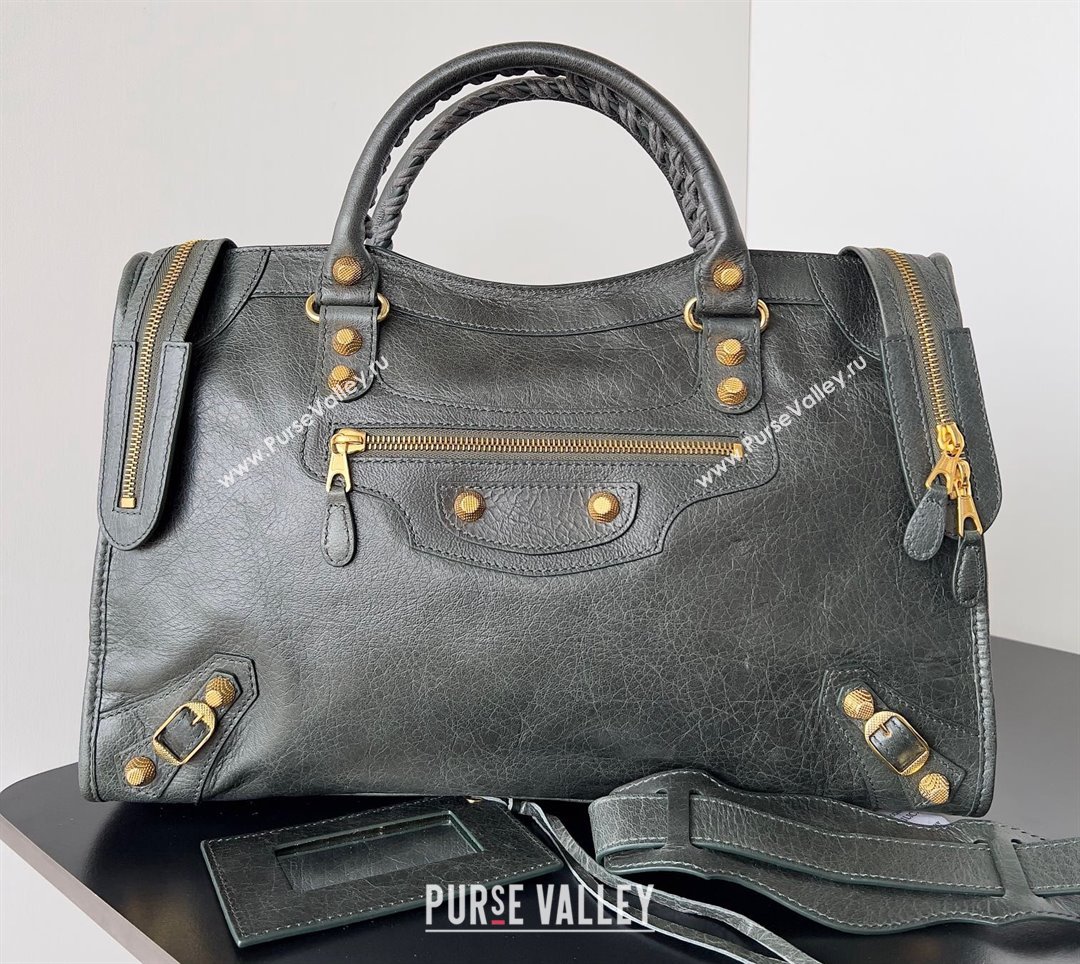 Balenciaga Classic City Large Handbag with Spiral Hardware in Arena Lambskin Dark Green/Gold (jiche-23112016)