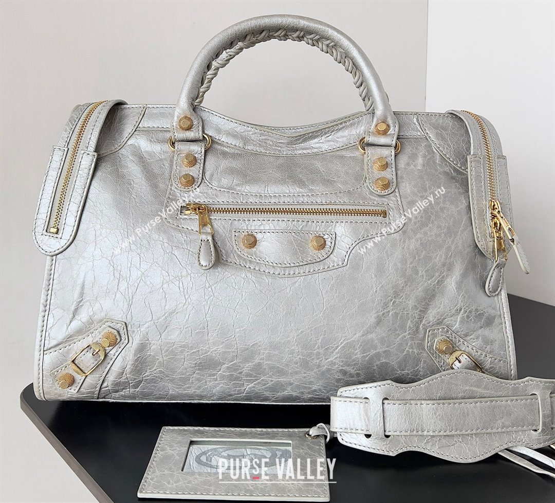 Balenciaga Classic City Large Handbag with Spiral Hardware in Arena Lambskin Silver/Gold (jiche-23112017)