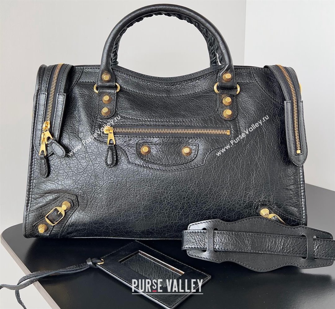 Balenciaga Classic City Large Handbag with Spiral Hardware in Arena Lambskin Black/Gold (jiche-23112019)