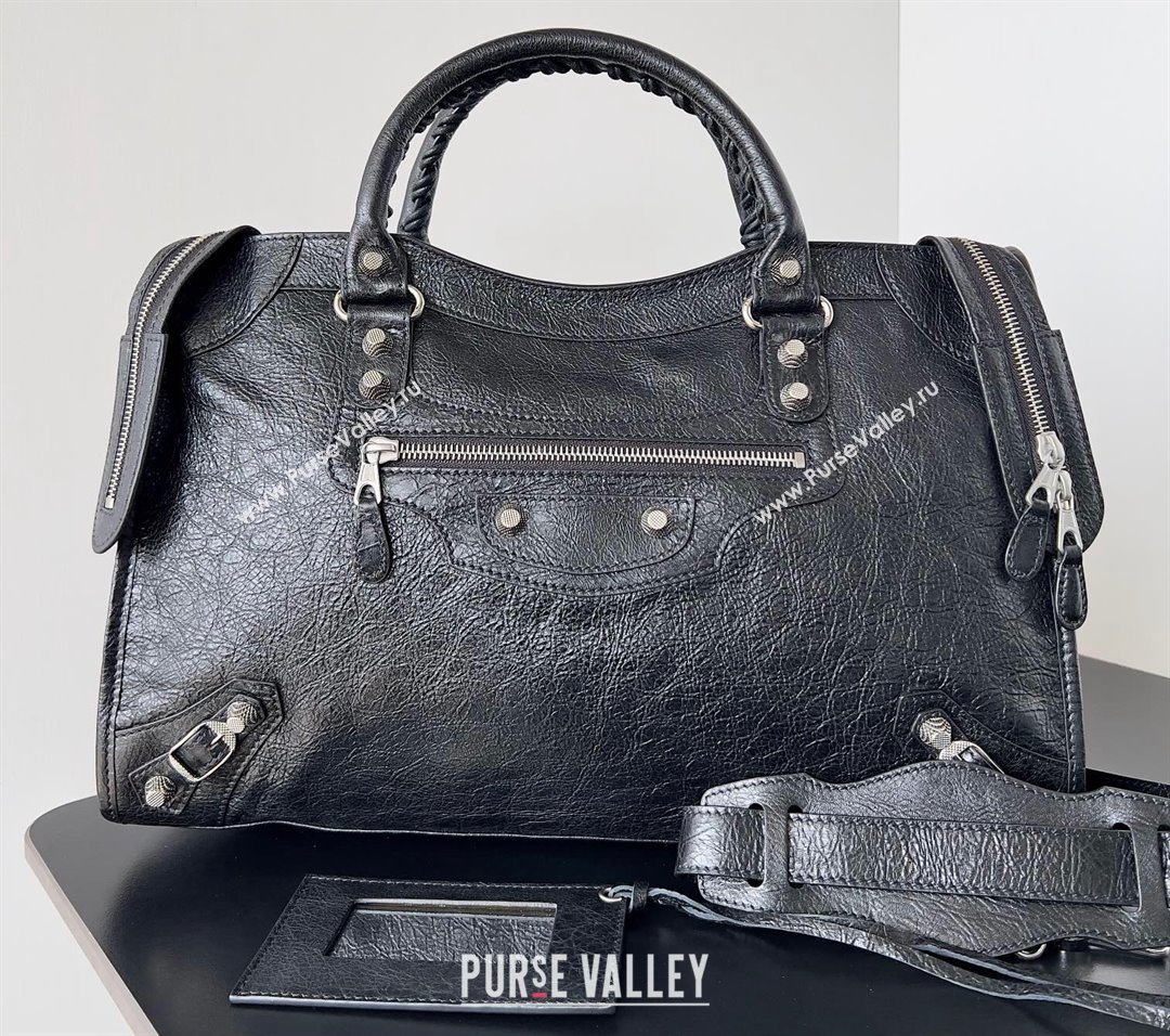 Balenciaga Classic City Large Handbag with Spiral Hardware in Arena Lambskin Black/Silver (jiche-23112020)