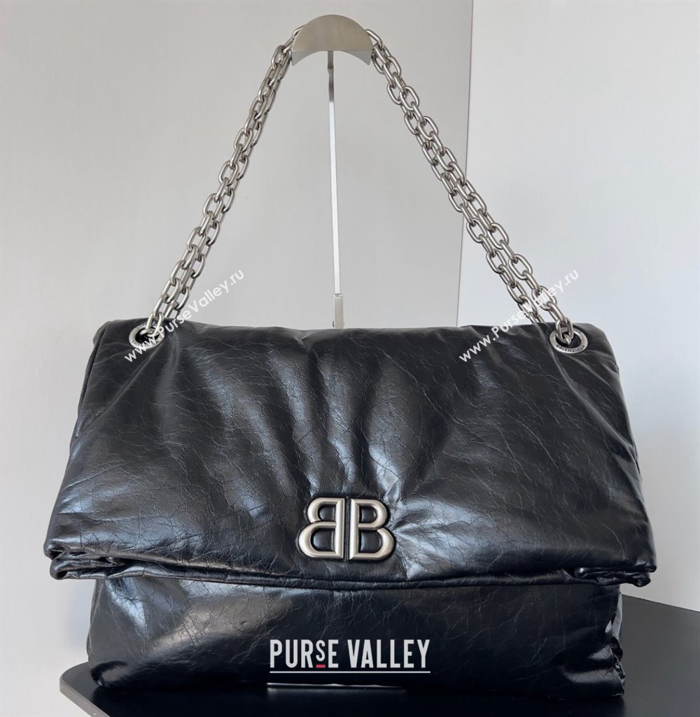 Balenciaga Monaco Large Chain Bag in Arena calfskin Black/Silver 2023 (jiche-23111702)