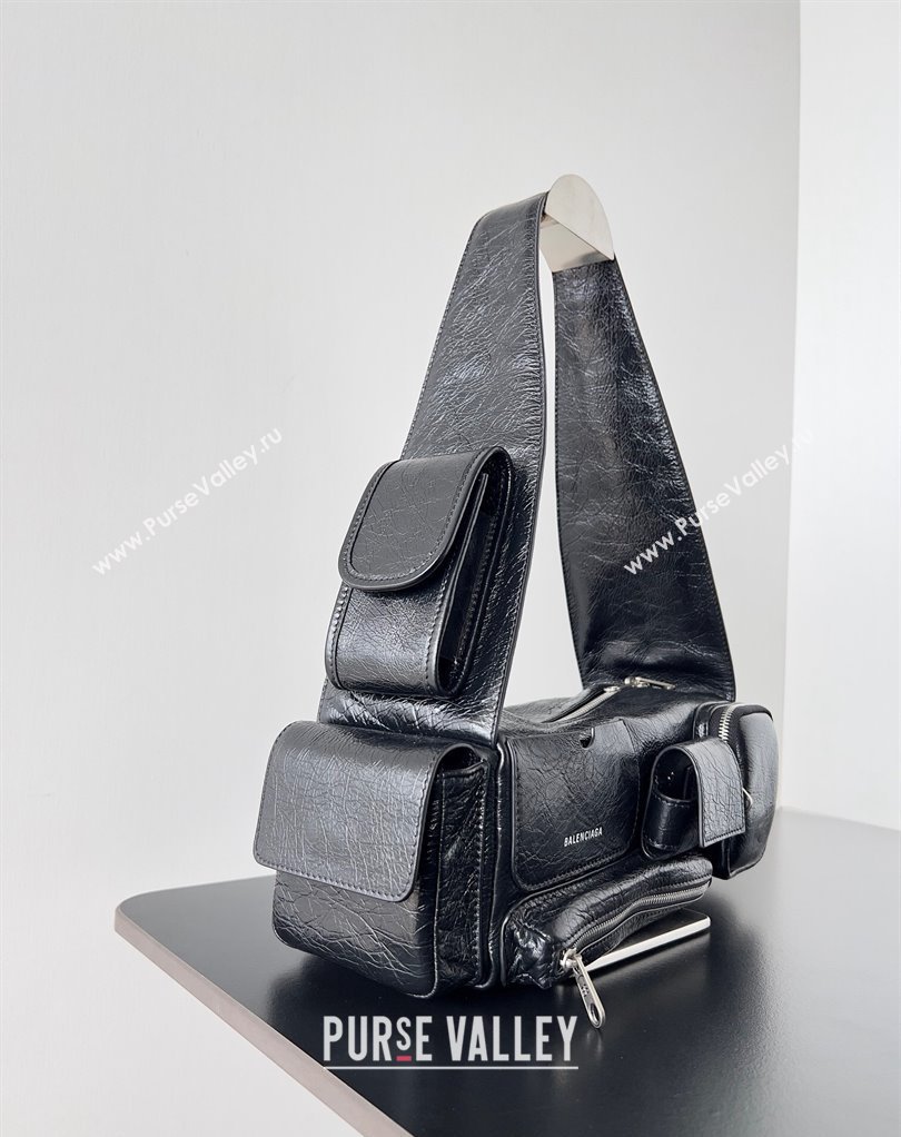 Balenciaga Superbusy XS Sling Bag in Arena calfskin Black 2023 (jiche-23111804)