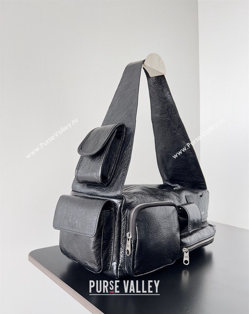 Balenciaga Superbusy Small Sling Bag in Arena calfskin Black 2023 (jiche-23111802)