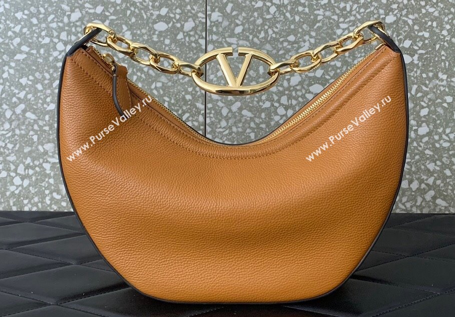 Valentino Small Vlogo Moon Hobo Bag In Leather Brown With Chain 2023 (liankafo-23111721)