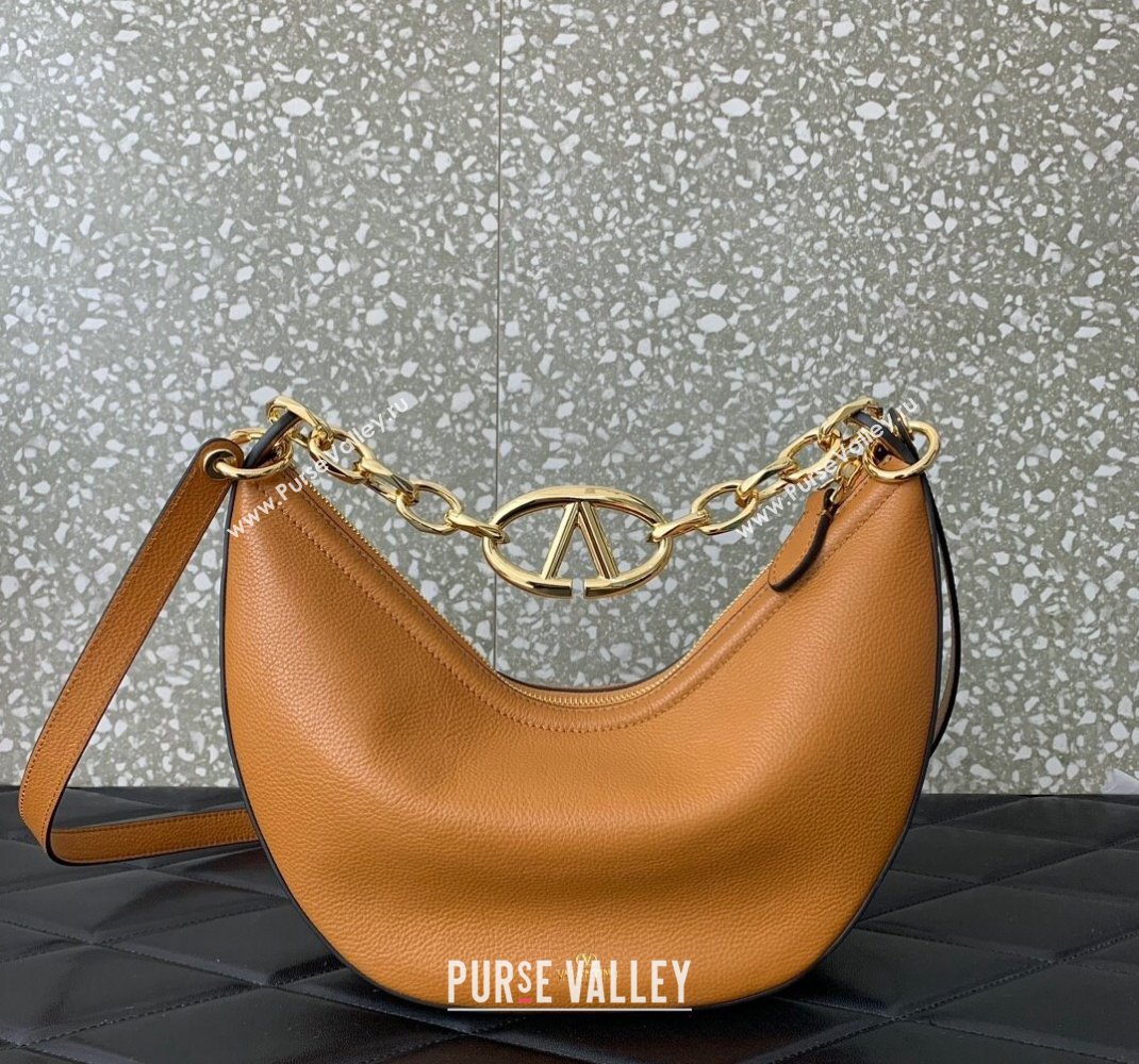 Valentino Small Vlogo Moon Hobo Bag In Leather Brown With Chain 2023 (liankafo-23111721)