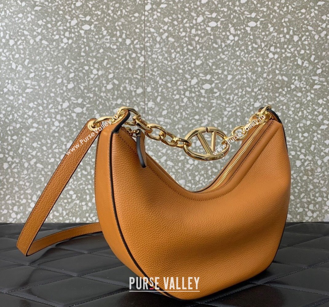 Valentino Small Vlogo Moon Hobo Bag In Leather Brown With Chain 2023 (liankafo-23111721)