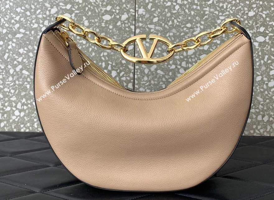 Valentino Small Vlogo Moon Hobo Bag In Leather Nude With Chain 2023 (liankafo-23111719)