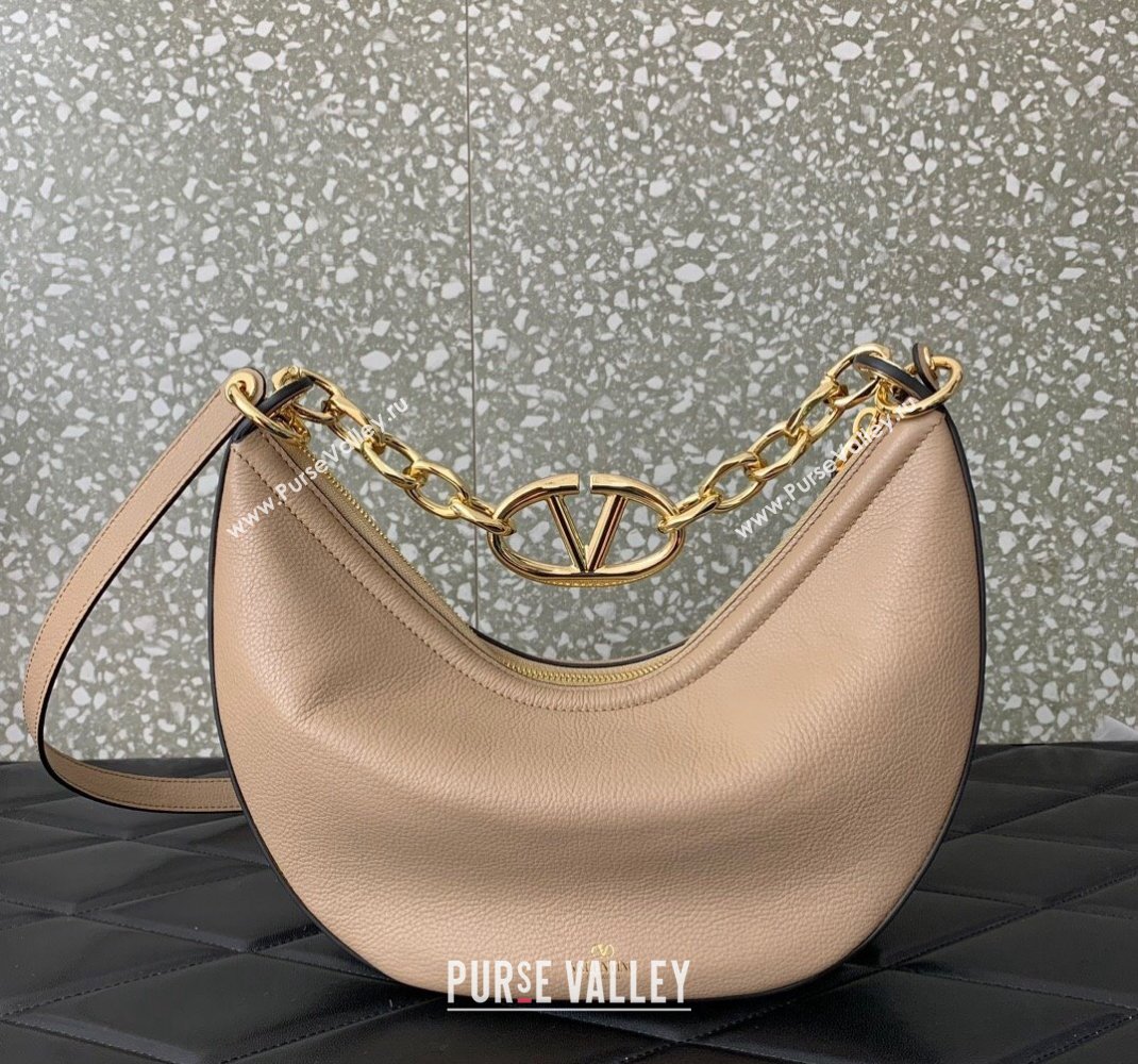 Valentino Small Vlogo Moon Hobo Bag In Leather Nude With Chain 2023 (liankafo-23111719)