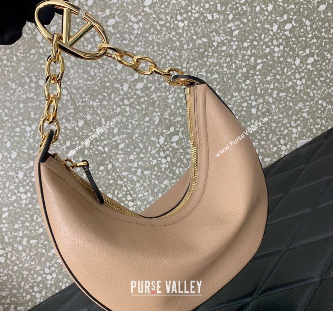 Valentino Small Vlogo Moon Hobo Bag In Leather Nude With Chain 2023 (liankafo-23111719)