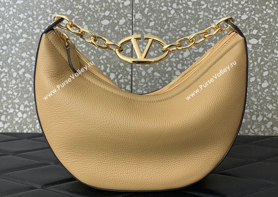 Valentino Small Vlogo Moon Hobo Bag In Leather Beige With Chain 2023 (liankafo-23111720)