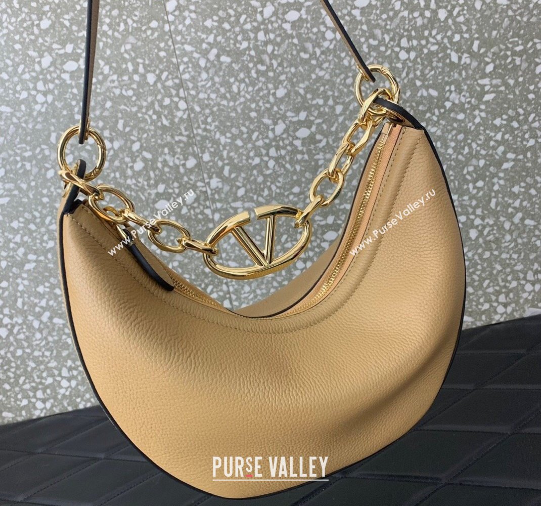 Valentino Small Vlogo Moon Hobo Bag In Leather Beige With Chain 2023 (liankafo-23111720)
