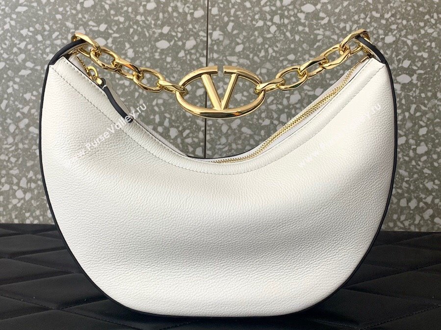 Valentino Small Vlogo Moon Hobo Bag In Leather White With Chain 2023 (liankafo-23111718)