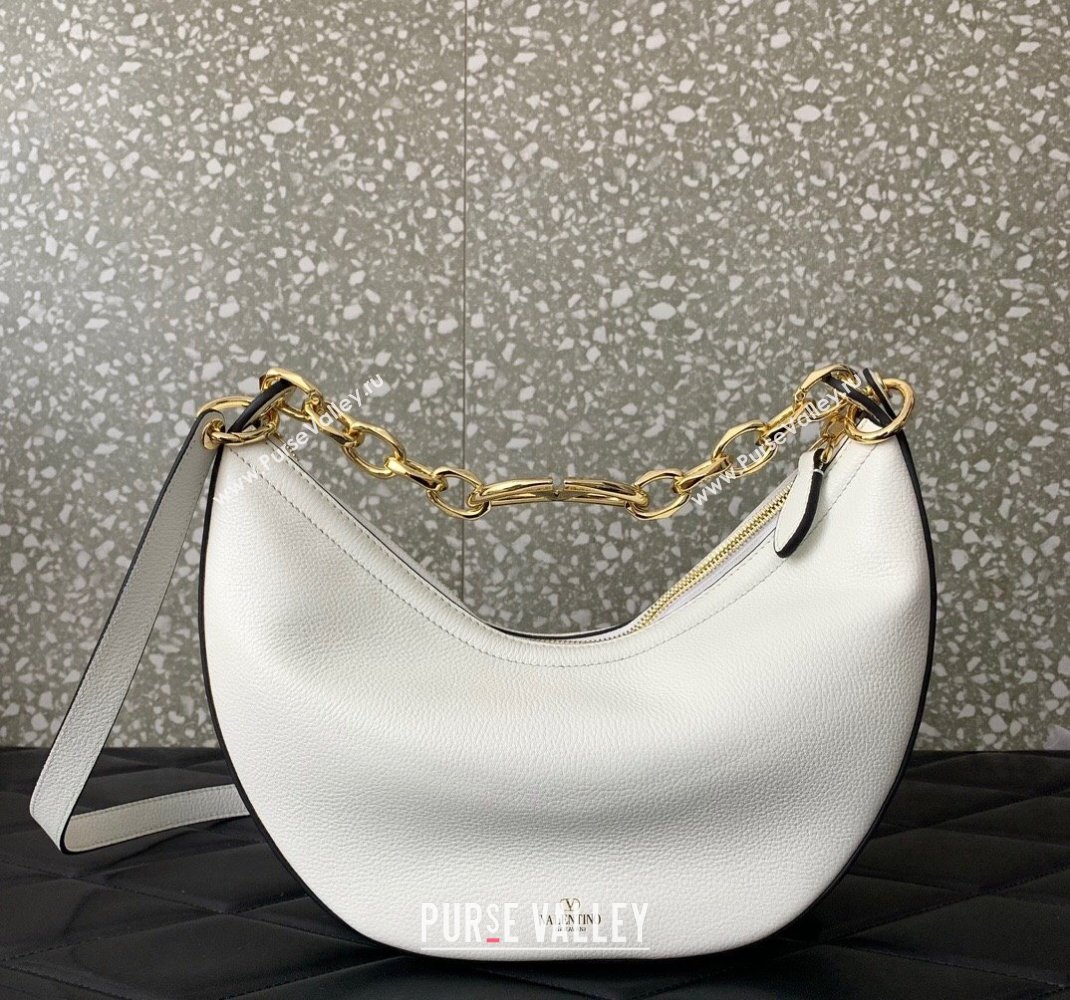 Valentino Small Vlogo Moon Hobo Bag In Leather White With Chain 2023 (liankafo-23111718)