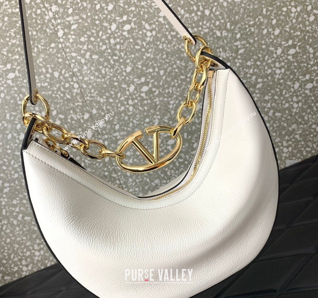 Valentino Small Vlogo Moon Hobo Bag In Leather White With Chain 2023 (liankafo-23111718)