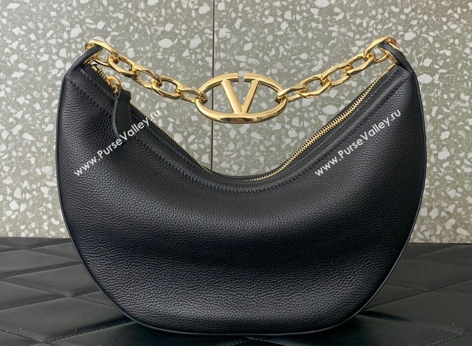 Valentino Small Vlogo Moon Hobo Bag In Leather Black With Chain 2023 (liankafo-23111717)