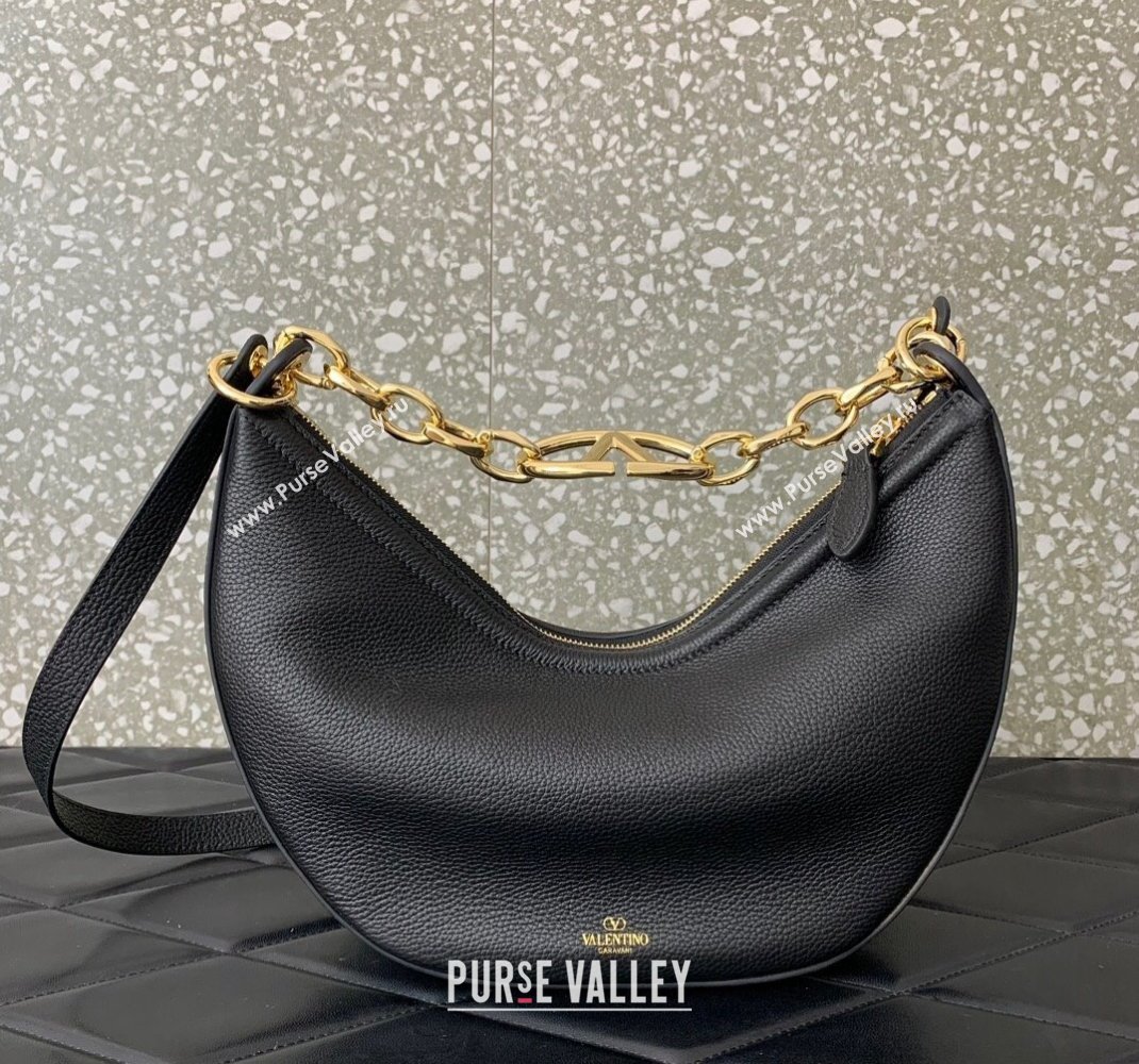 Valentino Small Vlogo Moon Hobo Bag In Leather Black With Chain 2023 (liankafo-23111717)