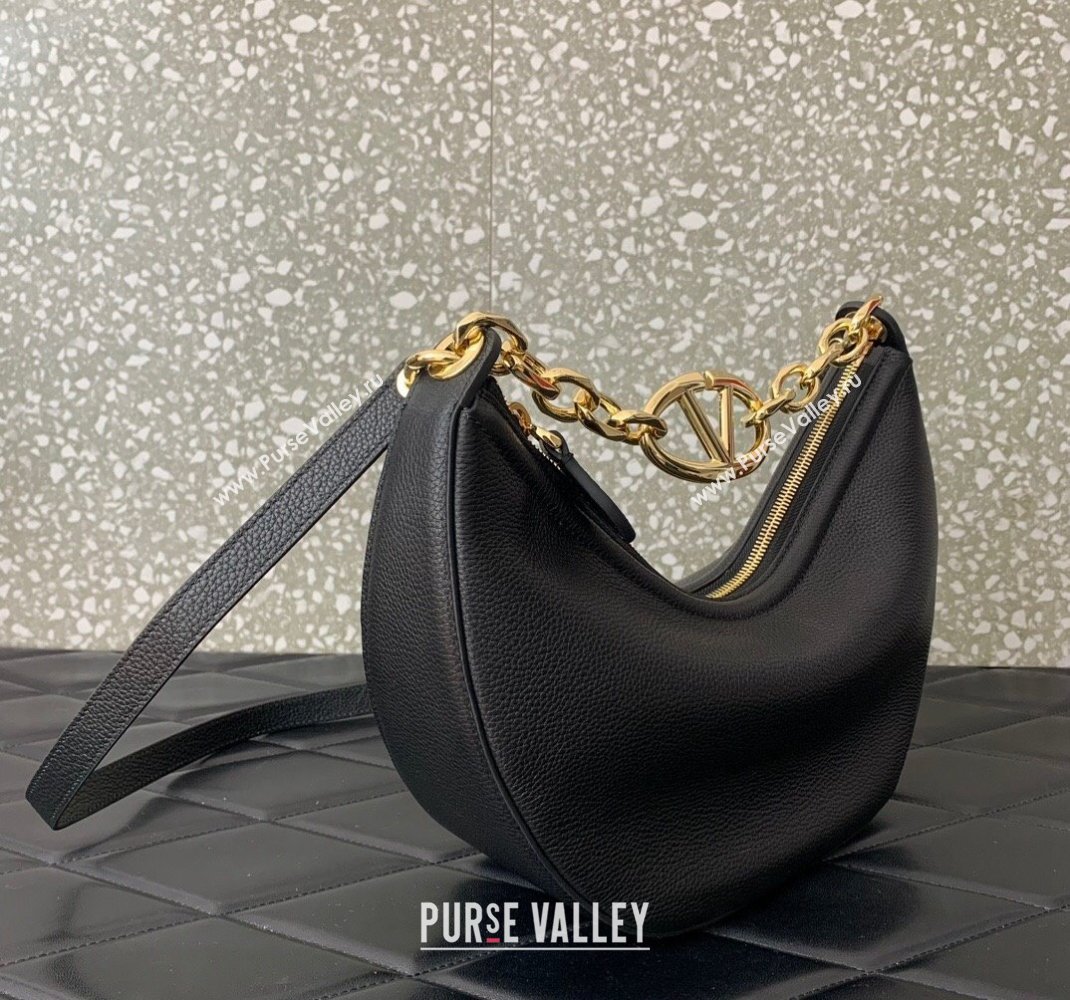 Valentino Small Vlogo Moon Hobo Bag In Leather Black With Chain 2023 (liankafo-23111717)