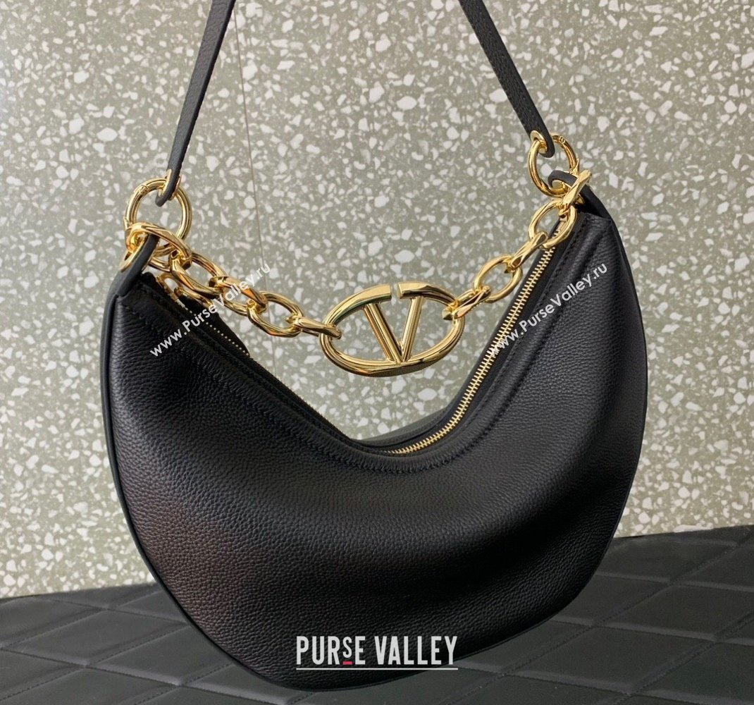 Valentino Small Vlogo Moon Hobo Bag In Leather Black With Chain 2023 (liankafo-23111717)