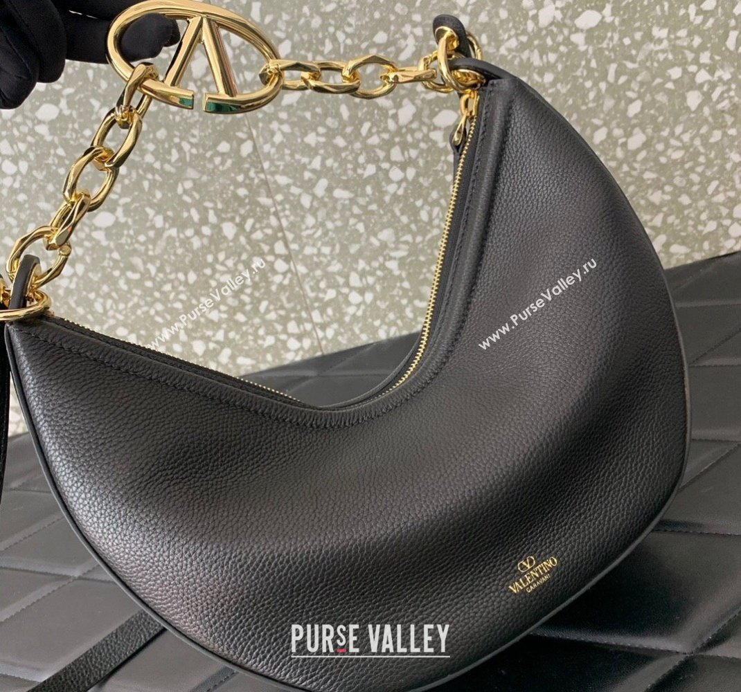 Valentino Small Vlogo Moon Hobo Bag In Leather Black With Chain 2023 (liankafo-23111717)