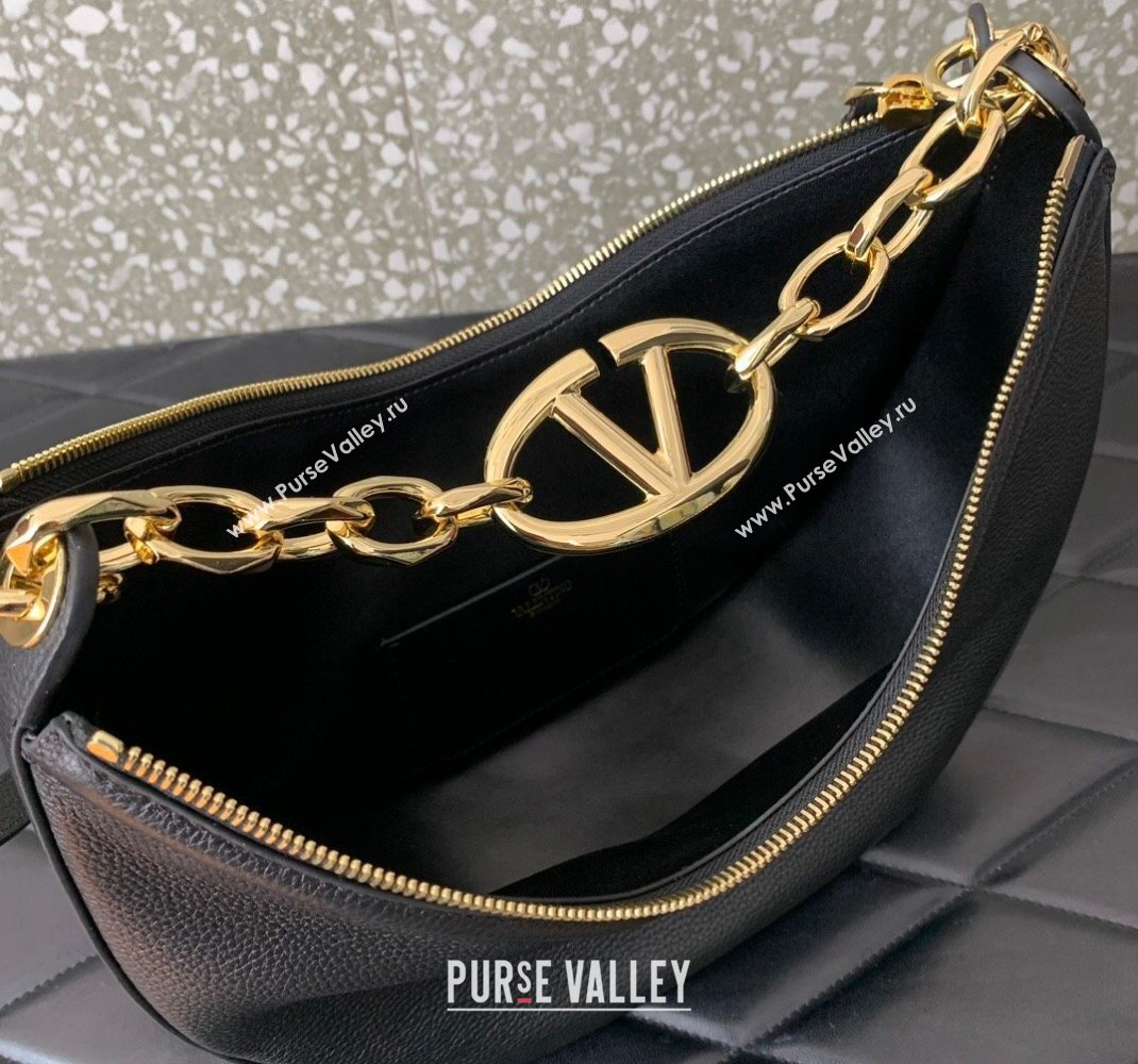 Valentino Small Vlogo Moon Hobo Bag In Leather Black With Chain 2023 (liankafo-23111717)