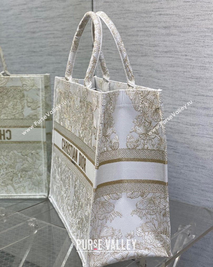 Dior Large Book Tote Bag in Gold-tone and White Butterfly Around The World Embroidery (XXG-23112024)