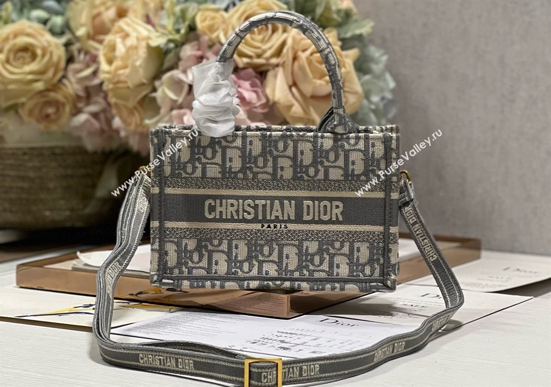 Dior Mini Dior Book Tote Bag with Strap in Gray Dior Oblique Embroidery (XXG-23112032)
