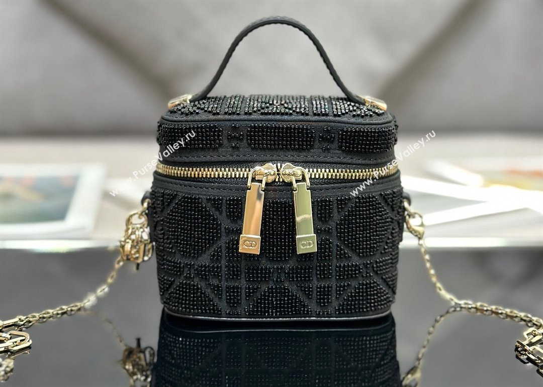 Lady Dior Micro Vanity Case In Black Cannage Cotton with Micropearl Embroidery (XXG-23112106)