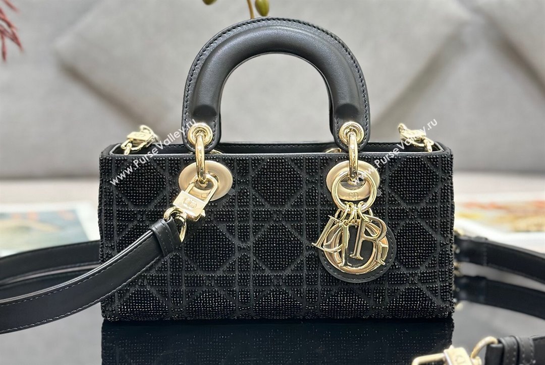 Dior Small Lady D-Joy Bag in Black Cannage Cotton with Micropearl Embroidery (XXG-23112104)