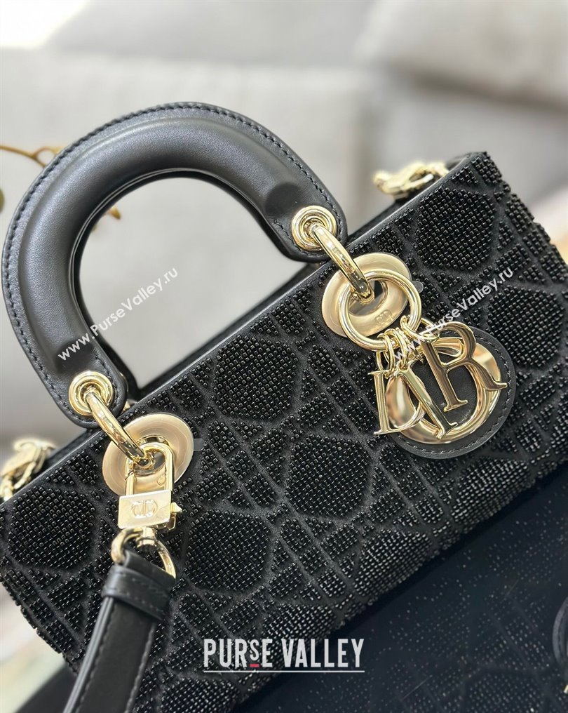Dior Small Lady D-Joy Bag in Black Cannage Cotton with Micropearl Embroidery (XXG-23112104)