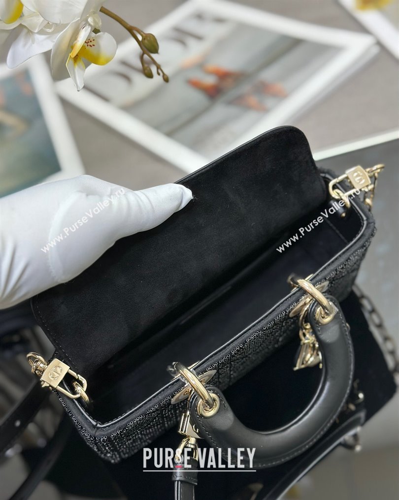 Dior Small Lady D-Joy Bag in Black Cannage Cotton with Micropearl Embroidery (XXG-23112104)
