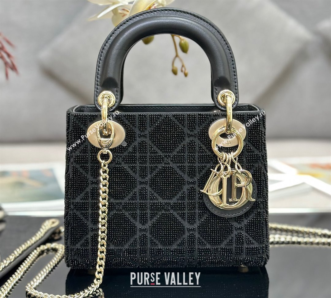 Dior Mini Lady Dior Bag in Black Cannage Cotton with Micropearl Embroidery (XXG-23112101)