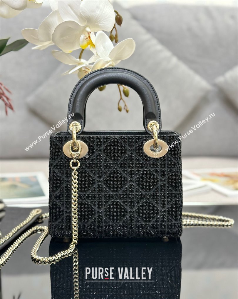 Dior Mini Lady Dior Bag in Black Cannage Cotton with Micropearl Embroidery (XXG-23112101)