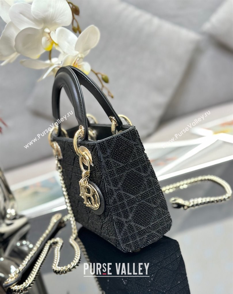 Dior Mini Lady Dior Bag in Black Cannage Cotton with Micropearl Embroidery (XXG-23112101)