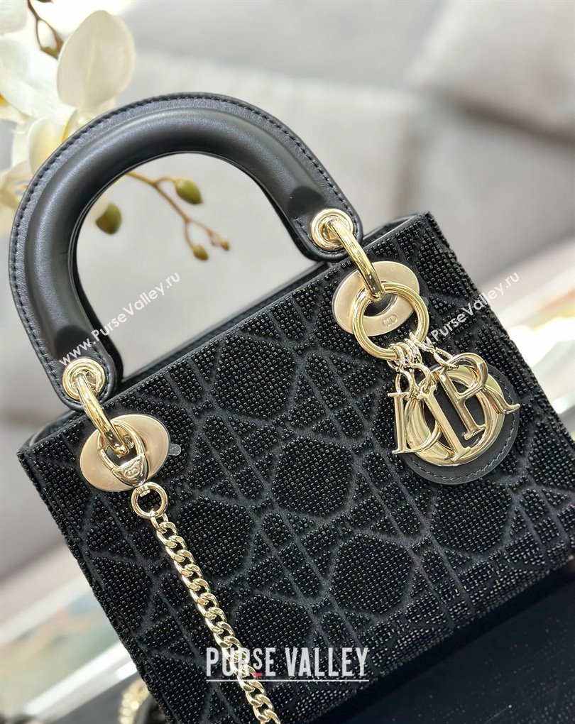 Dior Mini Lady Dior Bag in Black Cannage Cotton with Micropearl Embroidery (XXG-23112101)