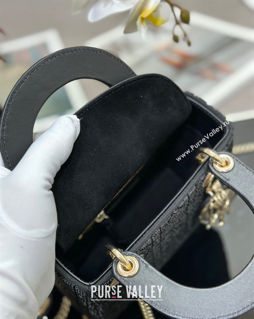 Dior Mini Lady Dior Bag in Black Cannage Cotton with Micropearl Embroidery (XXG-23112101)