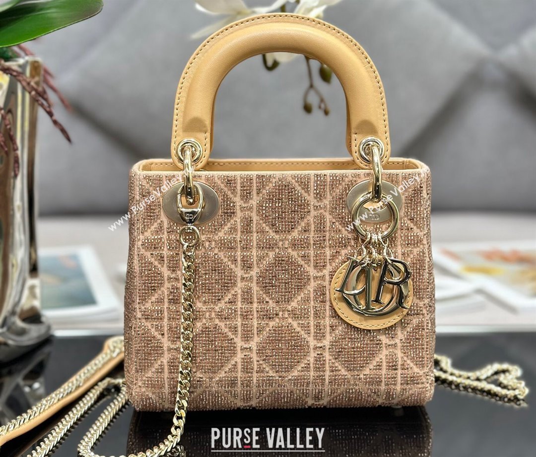 Dior Mini Lady Dior Bag in Beige Cannage Cotton with Micropearl Embroidery (XXG-23112102)