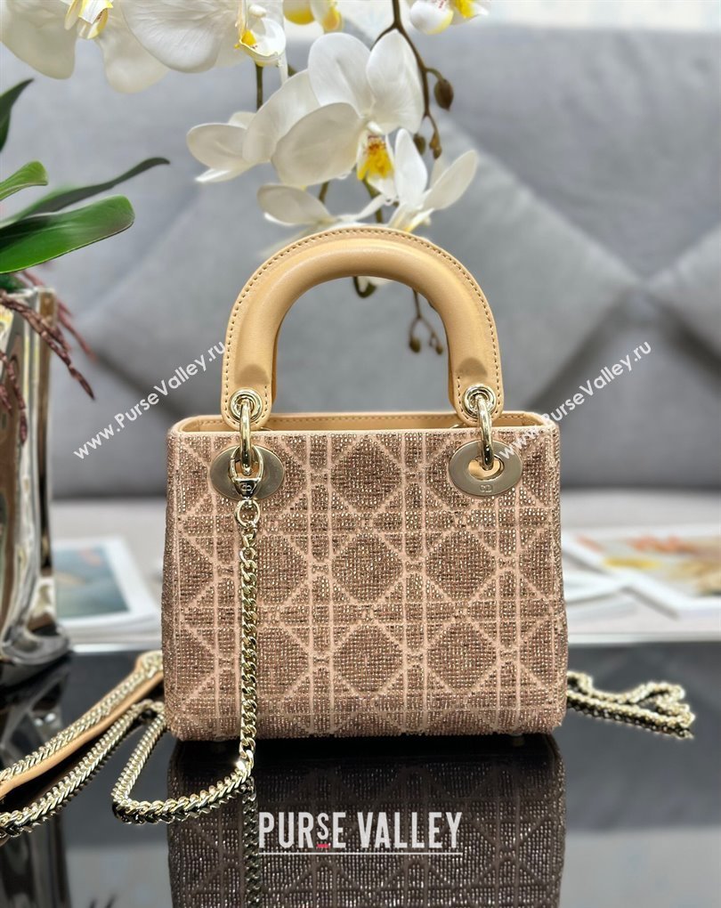 Dior Mini Lady Dior Bag in Beige Cannage Cotton with Micropearl Embroidery (XXG-23112102)