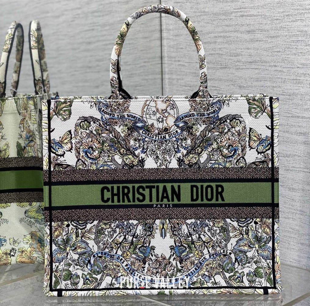 Dior Large Book Tote Bag in White and Green Butterfly Around The World Embroidery (XXG-23112022)