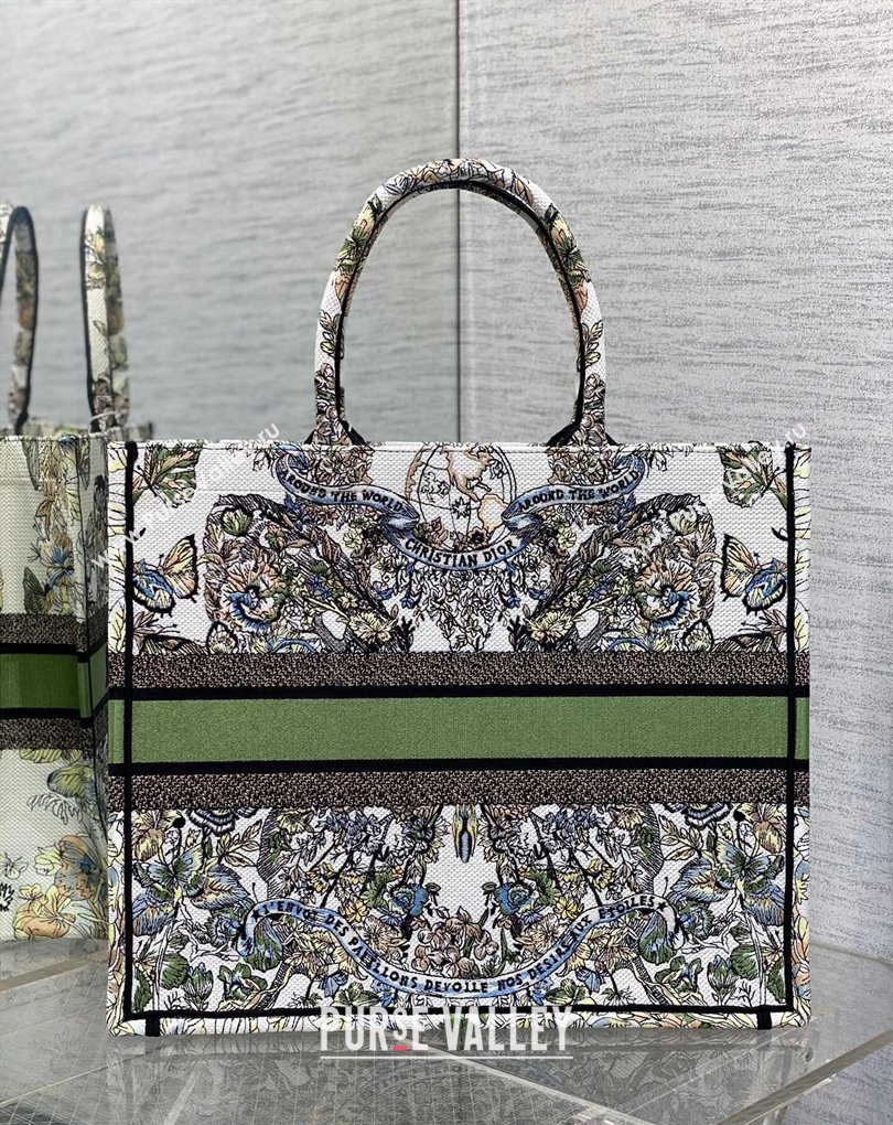 Dior Large Book Tote Bag in White and Green Butterfly Around The World Embroidery (XXG-23112022)