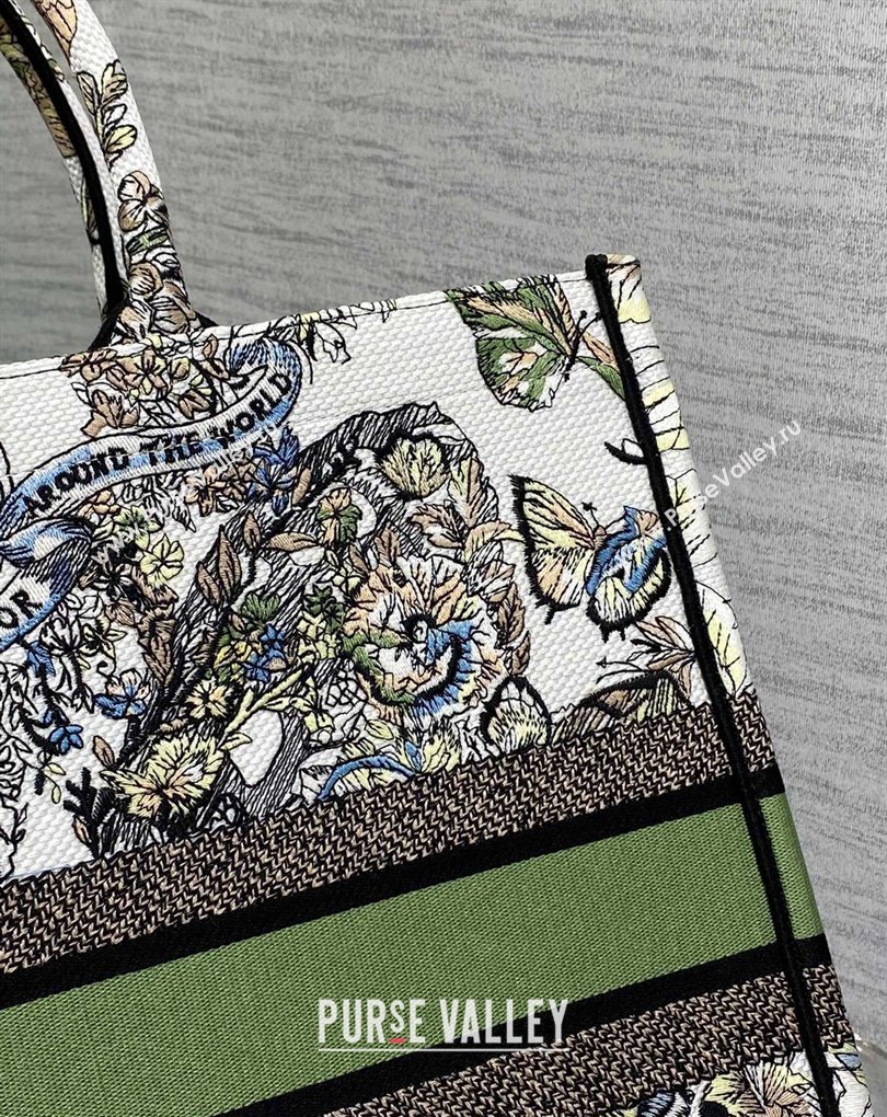 Dior Large Book Tote Bag in White and Green Butterfly Around The World Embroidery (XXG-23112022)