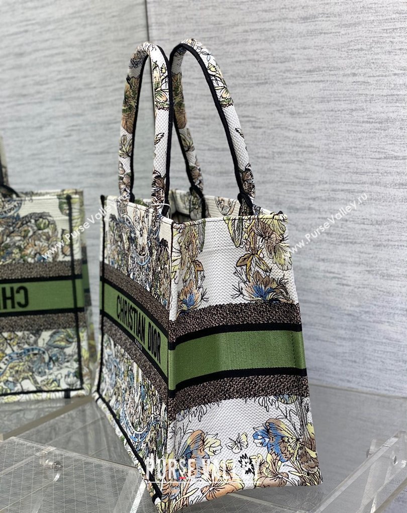 Dior Medium Book Tote Bag in White and Green Butterfly Around The World Embroidery (XXG-23112023)