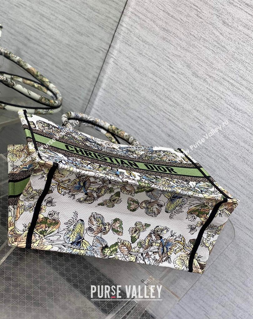 Dior Medium Book Tote Bag in White and Green Butterfly Around The World Embroidery (XXG-23112023)