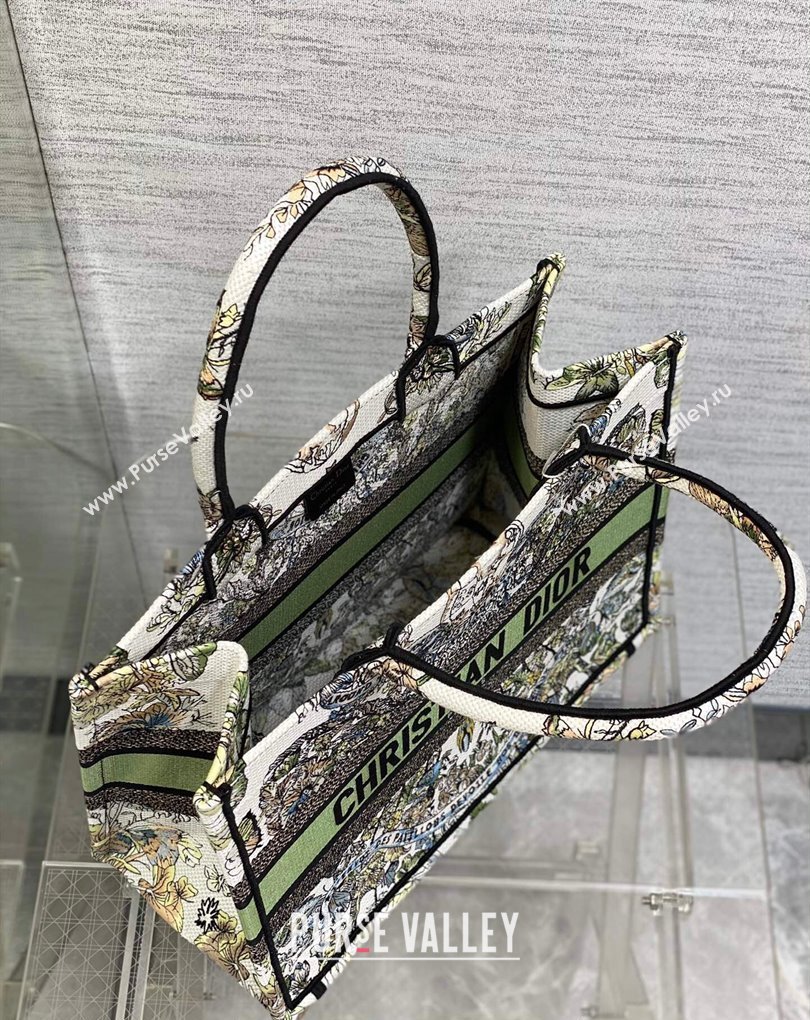 Dior Medium Book Tote Bag in White and Green Butterfly Around The World Embroidery (XXG-23112023)