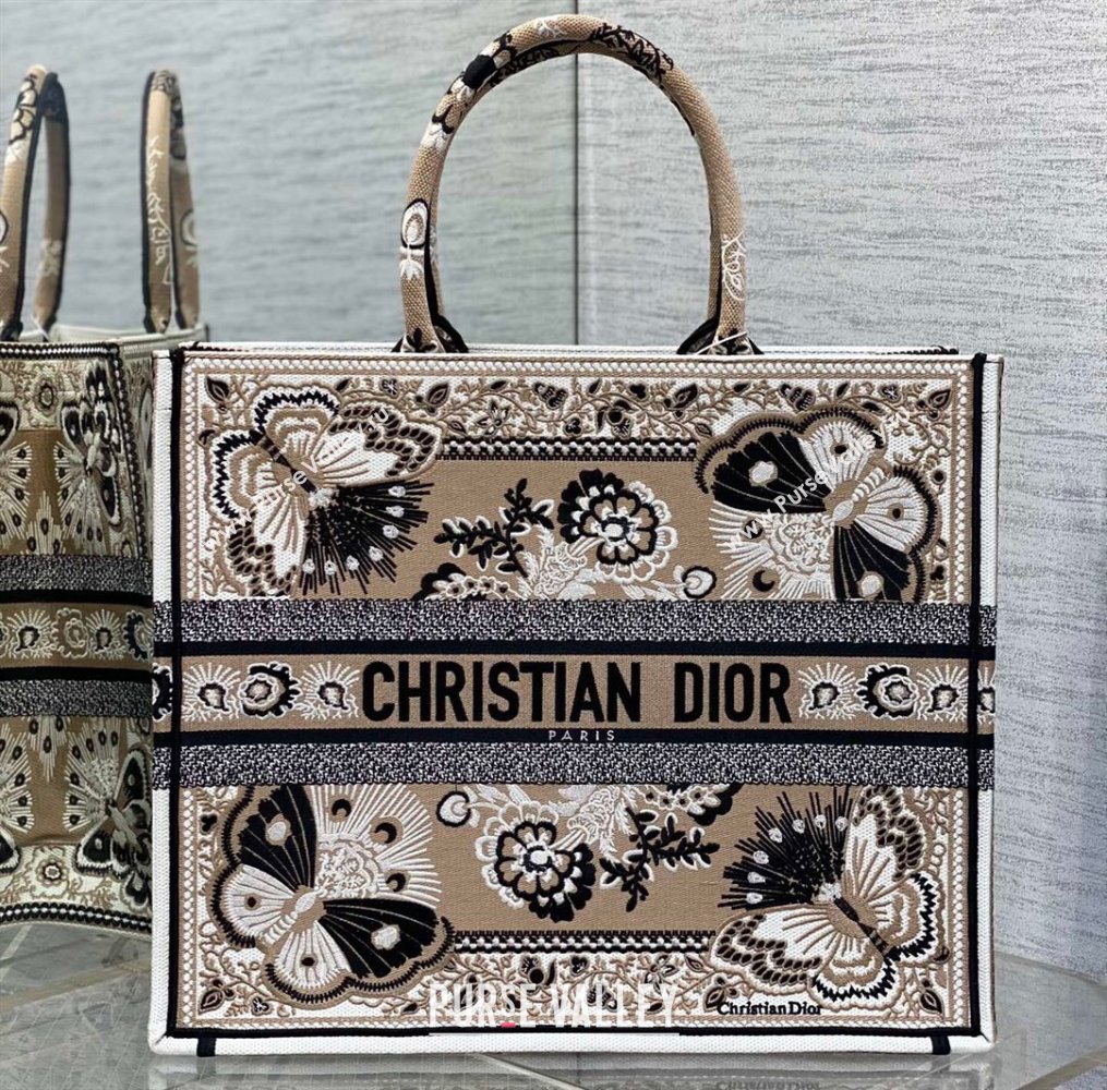 Dior Large Book Tote Bag in Beige Multicolor Butterfly Bandana Embroidery (XXG-23112027)