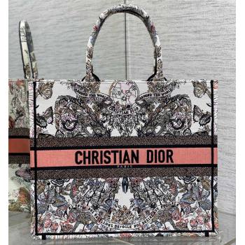 Dior Large Book Tote Bag in White and Pastel Pink Butterfly Around The World Embroidery (XXG-23112020)