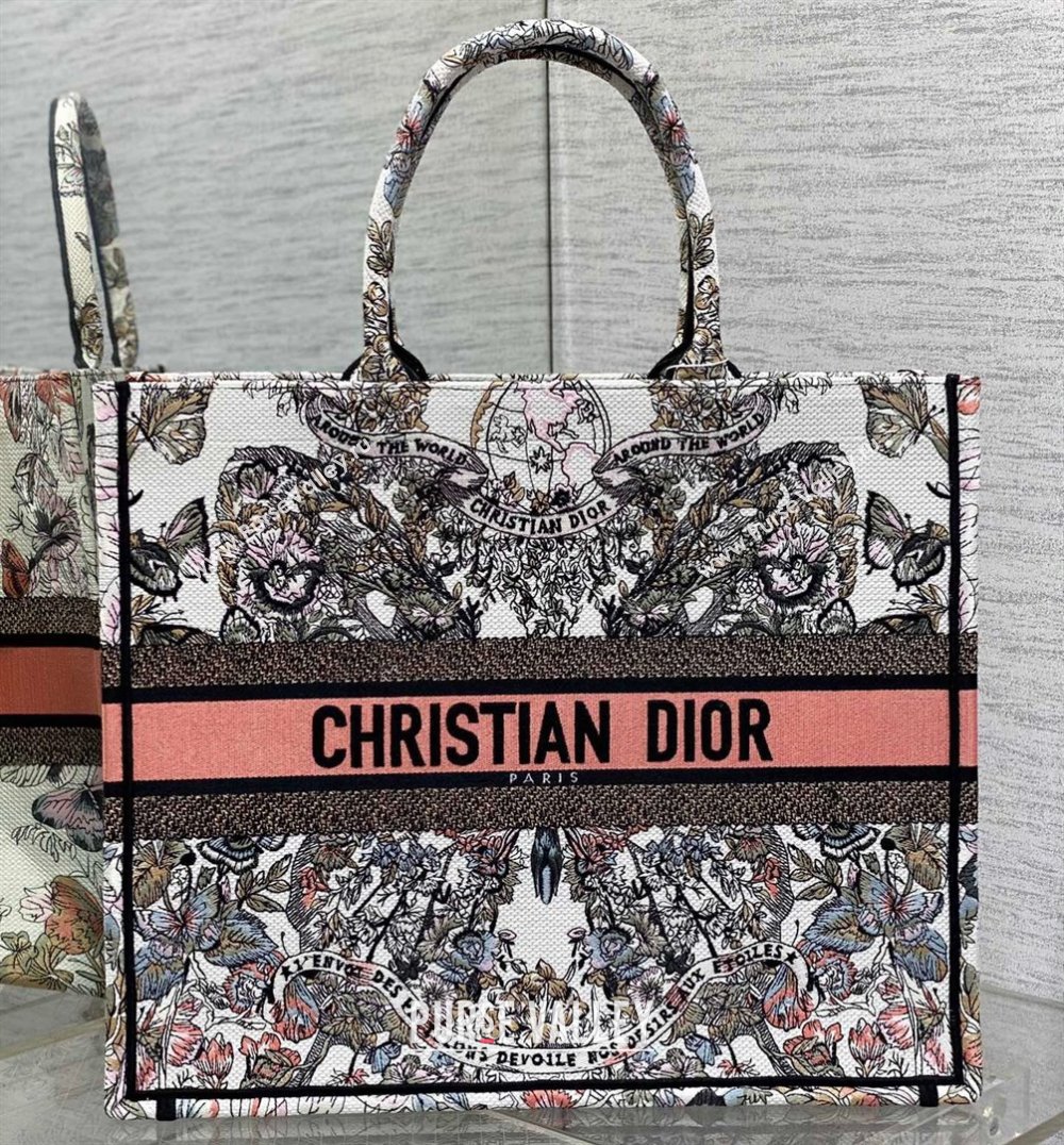 Dior Large Book Tote Bag in White and Pastel Pink Butterfly Around The World Embroidery (XXG-23112020)
